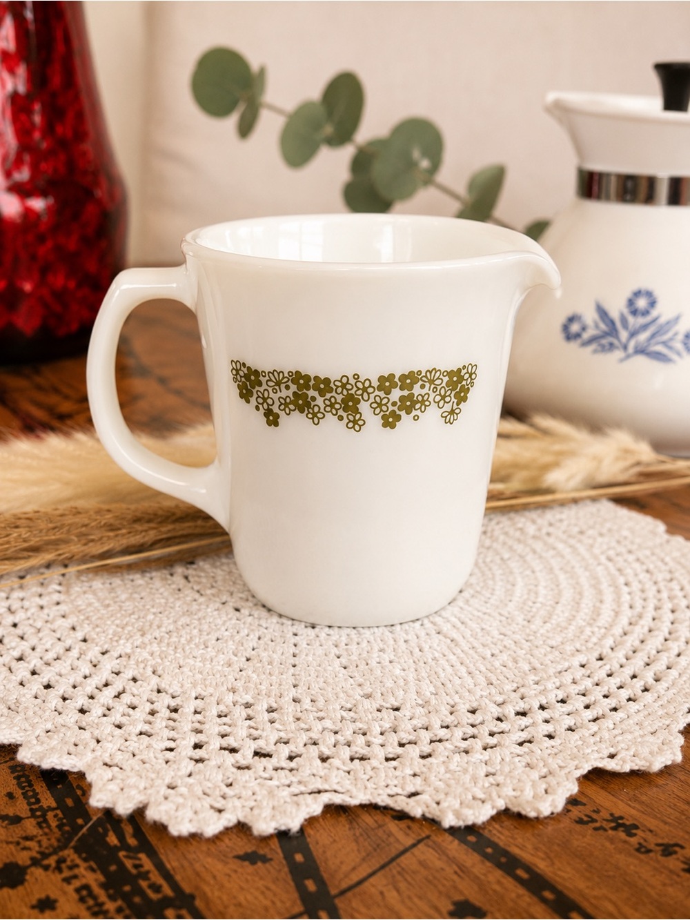 PYREX White Milk Glass Creamer with Crazy Daisy Pattern